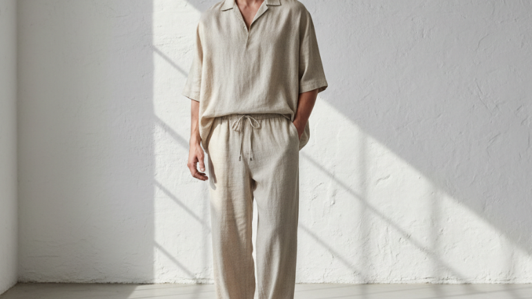 modelo hombre en un lugar minimalista y real, usando un conjunto de verano tela  100% lino 